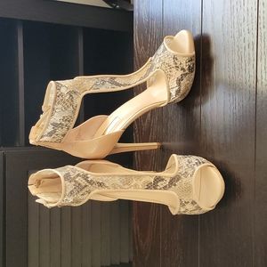 Guess Lace Snake Print Peep Toe Heel with Tstrap